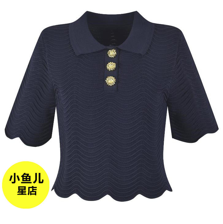 法式夏季新款小香polo翻领花边波浪肌理感针织T恤半裙套装两件套