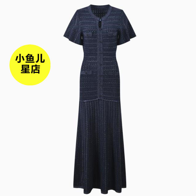 法式浪漫春夏款气质时尚修身显瘦藏青色圆领短袖亮丝针织连衣裙女