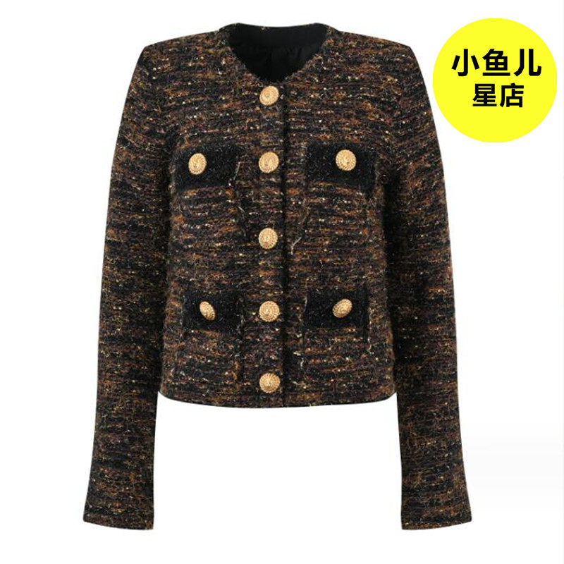 金属扣粗花呢圆领短款外套
