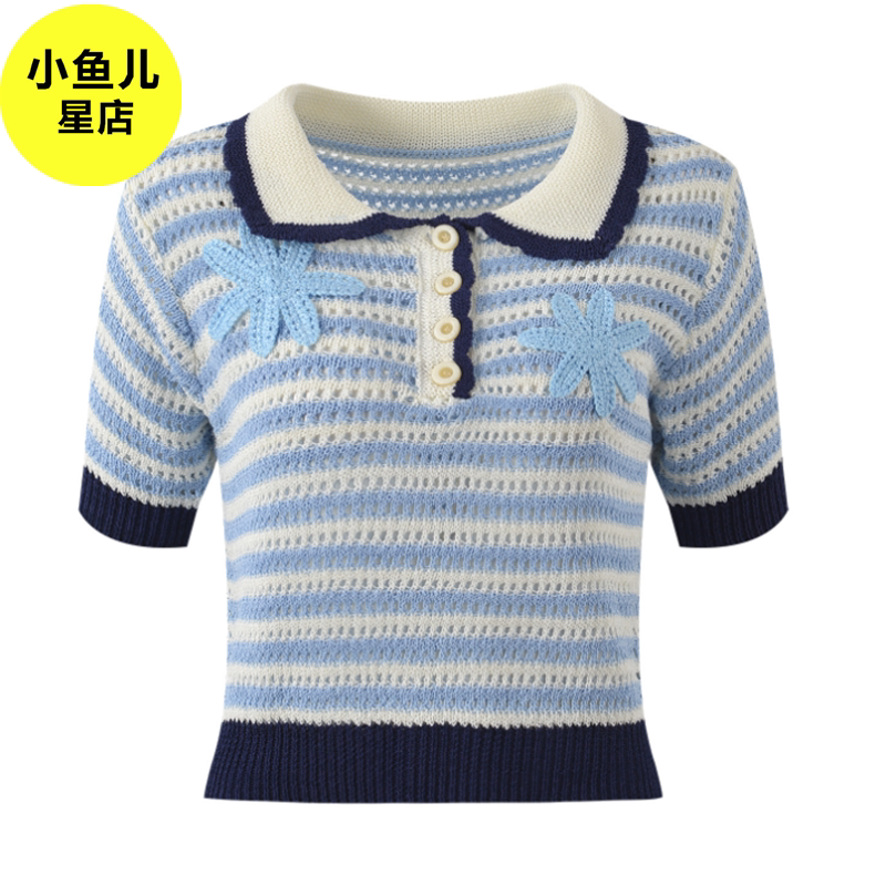 프렌치 로맨틱 틈새 대비 스트라이프 폴로 칼라 꽃 자수 통근 다재다능한 달콤한 연령 감소 반팔 탑 여름