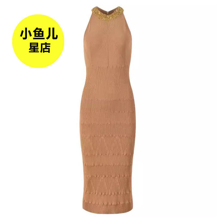 长袖包臀钉珠针织连衣裙