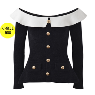 法式浪漫名媛风黑白撞色一字肩单排扣荷叶边气质时尚优雅长袖上衣