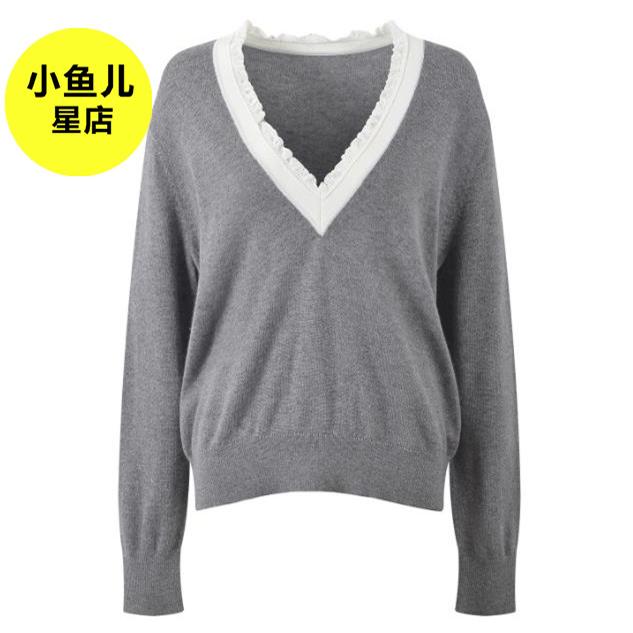 法式浪漫名媛网红撞色荷叶边V领宽松时尚休闲百搭灰色针织衫上衣
