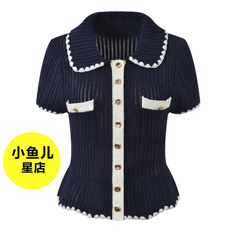 高端法式名媛风手工勾边荷叶边翻领单排扣针织开衫修身显瘦上衣女