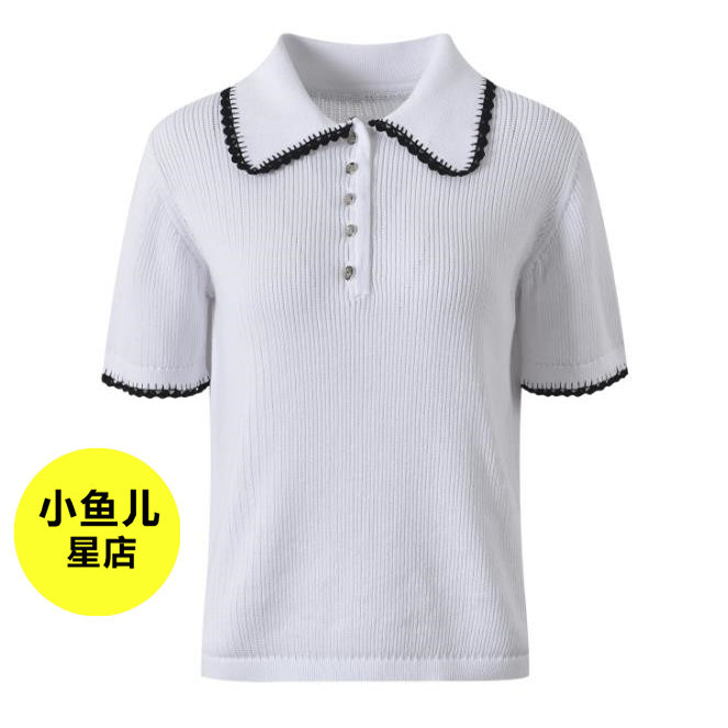 法式浪漫春夏新款时尚简约POLO领黑色撞色花边修身T恤针织衫上衣