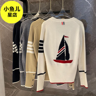 高端版 TB四杠设计感帆船提花V领毛衣外套修身休闲针织上衣开衫女