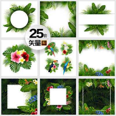 热带雨林丛林夏季植物banner框架边框背景绿叶大嘴鸟平面设计素材