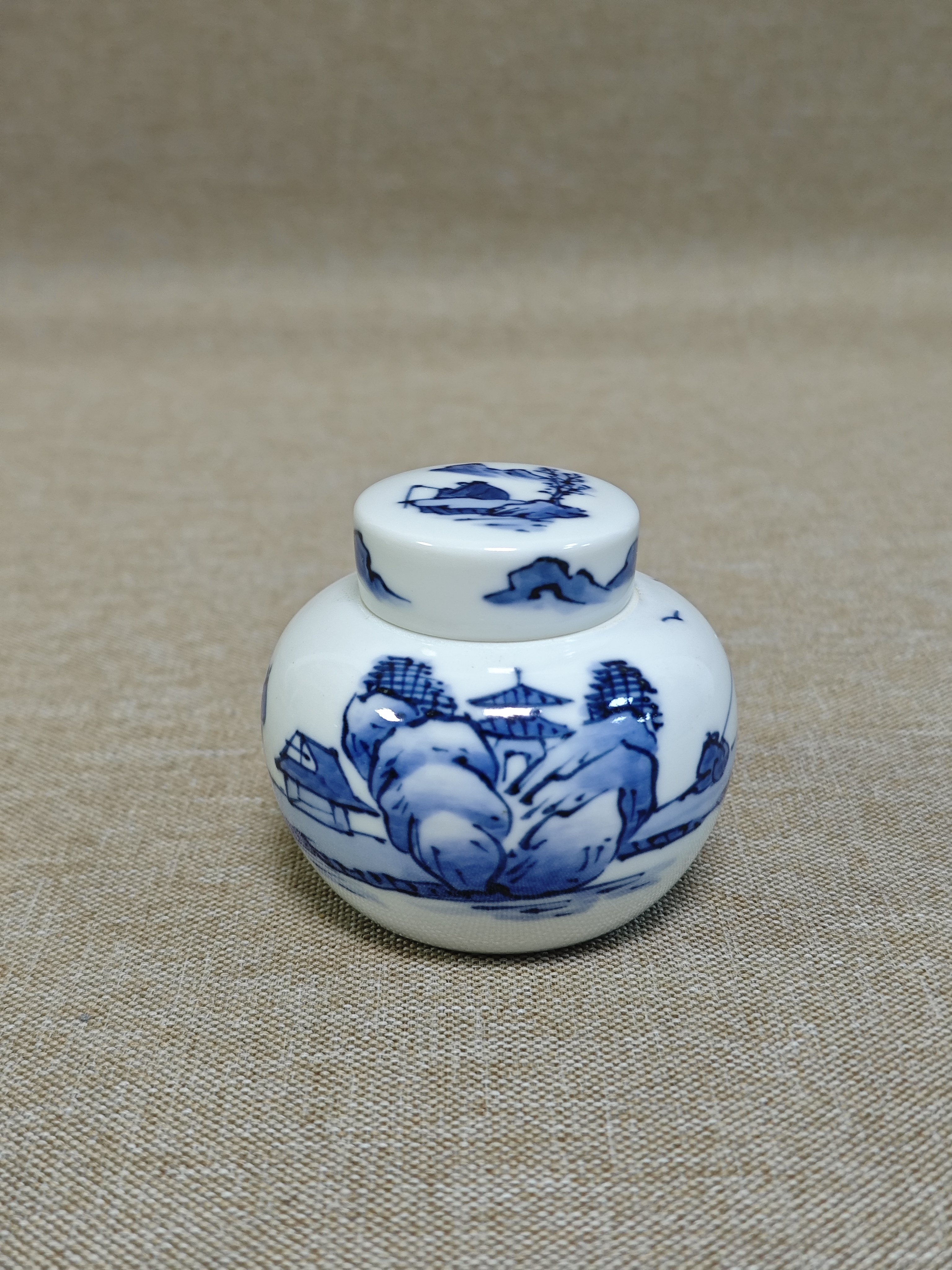 日本进口中古瓷器正品京烧桥本龙岳作手绘青花茶入茶罐茶道具