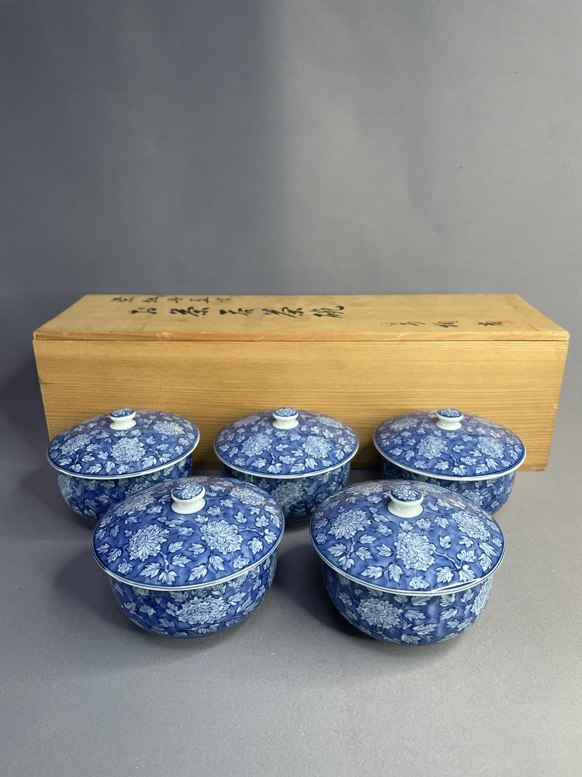 日本进口瓷器全新正品清水烧平安橘吉作青花牡丹盖杯茶杯五客杯