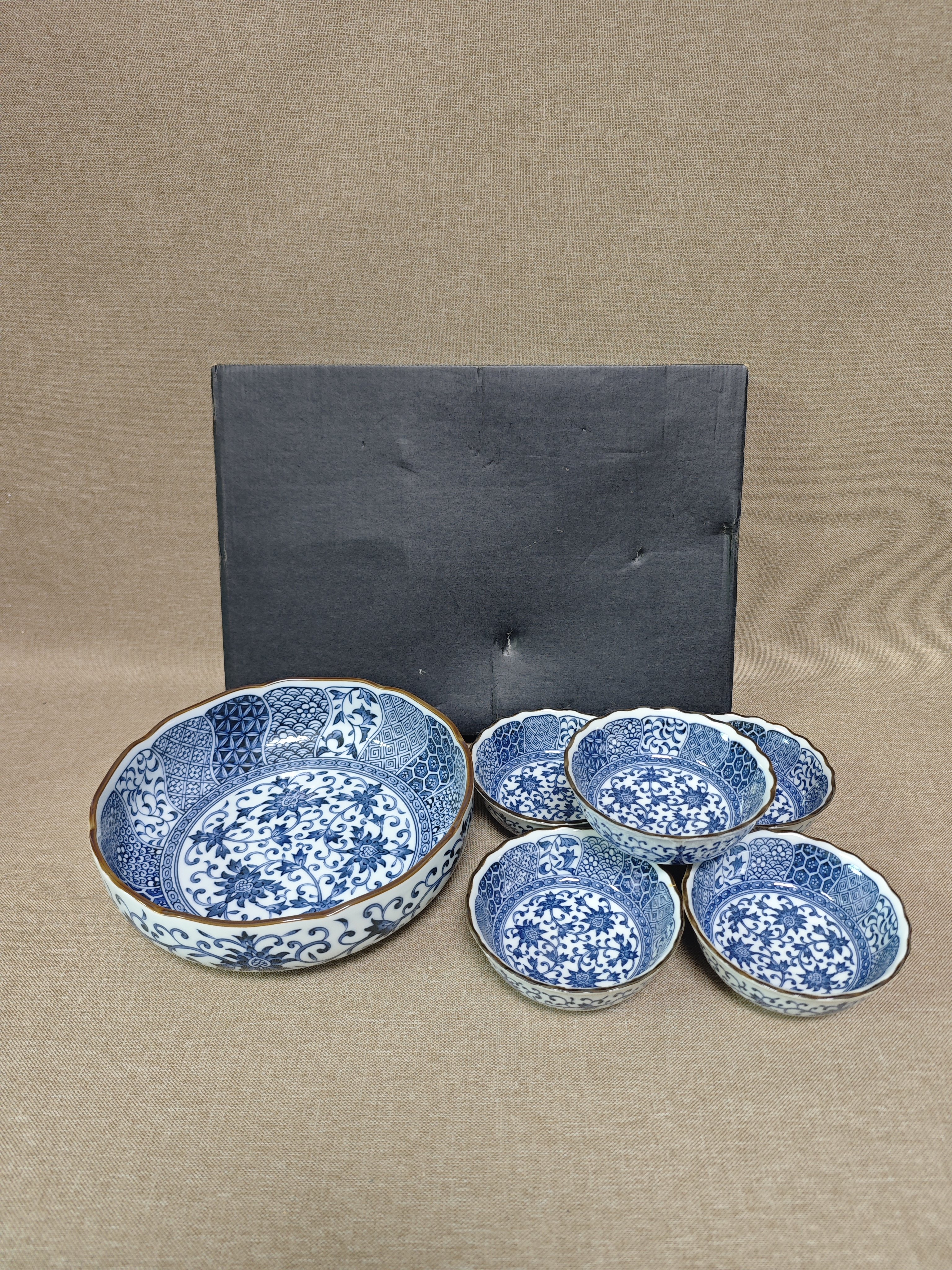 日本进口中古瓷器全新正品有田烧华翔作青花缠枝餐具套装一大五小