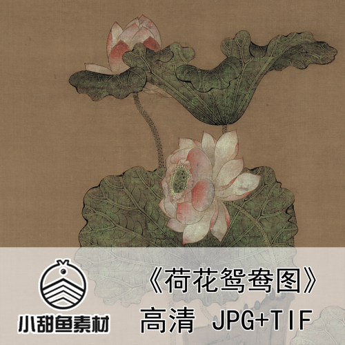 高清陈洪绶老莲荷花鸳鸯图电子版素材大图工笔重彩青绿花鸟国画jp