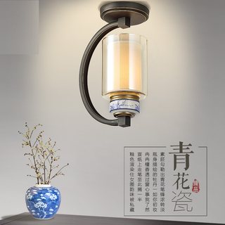 吸顶灯现代新中式陶瓷玻璃罩黑色全铜过道小玄关装饰复古灯具