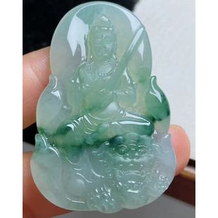 A货缅甸天然翡翠 文殊菩萨 冰飘花 精雕细刻 尺寸50.4-33.5-5.8