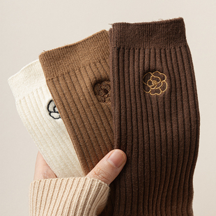 【5双装】冬天轻奢高级感山茶花穿搭咖色系仿羊绒中筒保暖