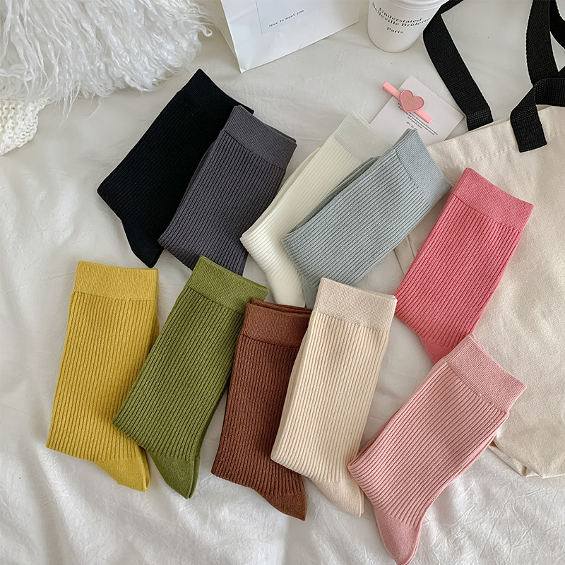 【3双装】纯色竖条纹芭蕾风堆堆袜女显瘦百搭外穿中筒纯棉袜
