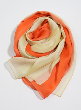 橙色米黄100%桑蚕丝真丝雪纺长丝巾围巾薄款春秋夏季纯色渐变色女