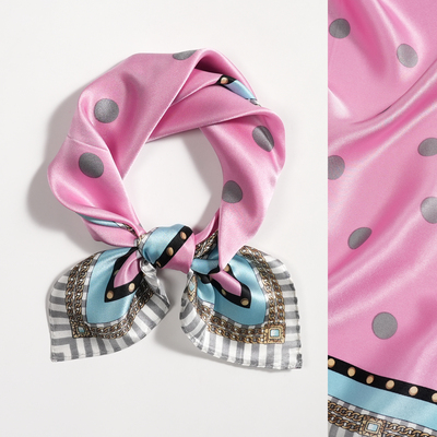 粉色波点53cm真丝素绉缎小方巾100%桑蚕丝薄款女小丝巾春夏季百搭