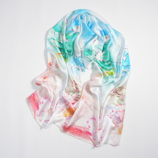 手工卷边100%桑蚕丝缎面真丝喷绘围巾春秋夏季 丝巾妈妈中年 女长款