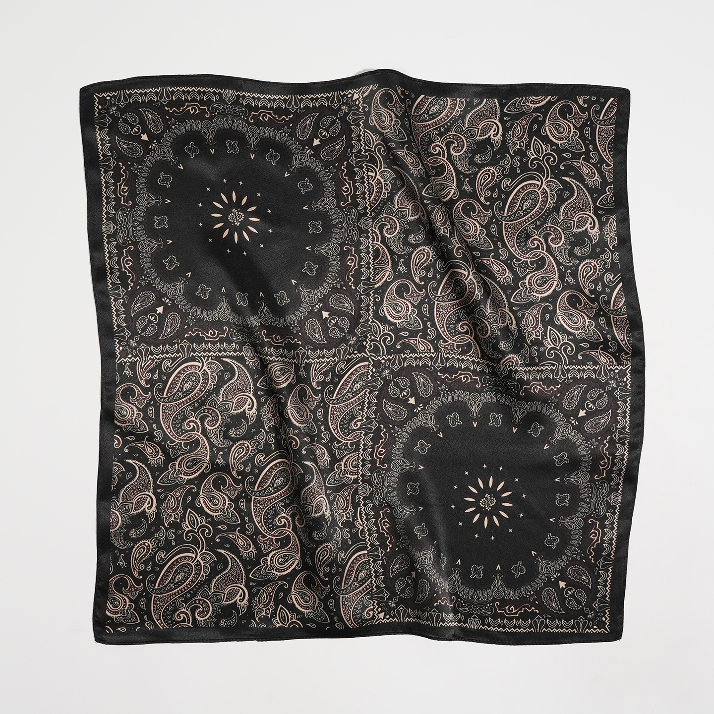 黑腰果花53cm真丝素绉缎小方巾100%桑蚕丝薄款女丝巾春夏秋季百搭