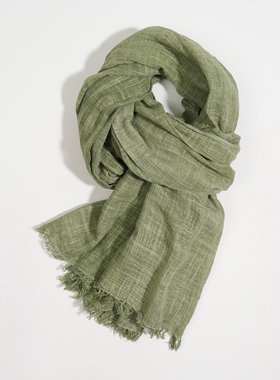 绿色纯棉亮银丝纯色棉麻围巾长款春秋冬季女保暖文艺复古做旧围脖