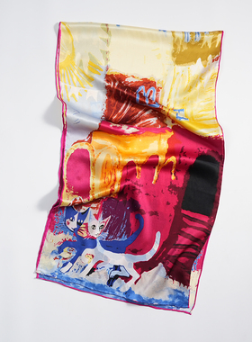 CAT可爱小猫咪窄版长丝巾100%桑蚕丝真丝围巾春夏秋季女领巾新款