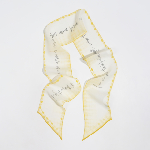 女 斜角飘带巾100%桑蚕丝长丝巾春秋夏季 黄色英文薄款 真丝乔其窄版