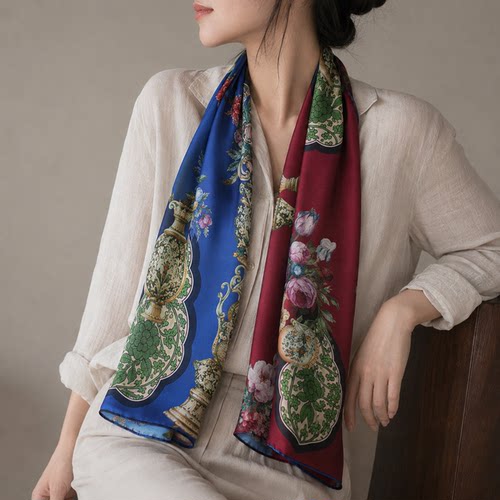 中国风100%桑蚕丝真丝素绉缎长款薄丝巾围巾披肩两用春秋冬季女士