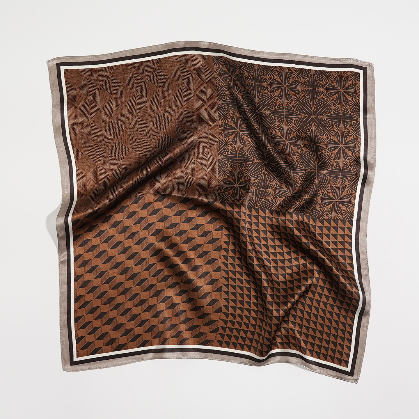 咖啡拼色53cm真丝素绉缎小方巾100%桑蚕丝薄款女小丝巾春夏季百搭