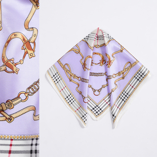 格子链条53cm真丝小方巾100%桑蚕丝丝巾春秋夏季 百搭丝绸 女士薄款