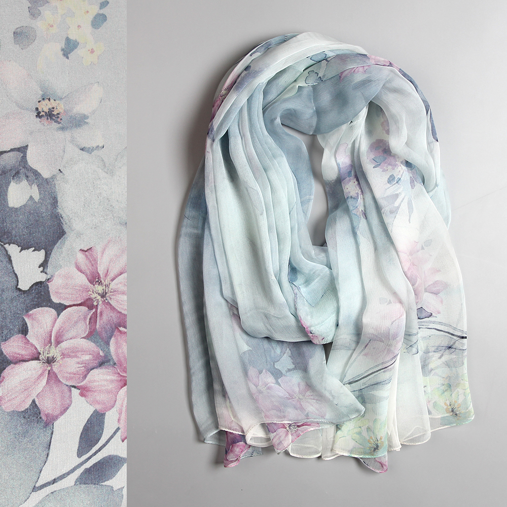 水墨国风真丝喷绘顺纡绉100%桑蚕丝丝巾围巾两用春秋夏季女士长款