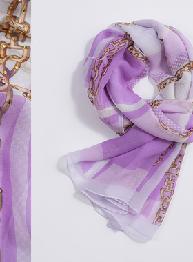 烫钻链条紫色100%桑蚕丝薄款真丝丝巾纱巾春秋季女款妈妈中年丝绸