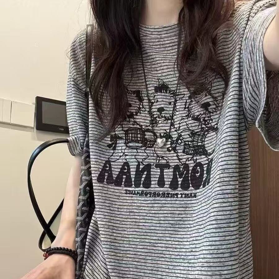 美式字母小狗细条纹灰色短袖t恤女夏季设计感宽松休闲百搭上衣潮