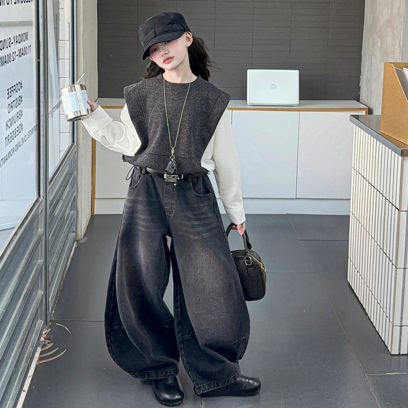 女童套装秋季2025新款中大童时尚洋气韩系宽松蝙蝠衫牛仔裤两件套