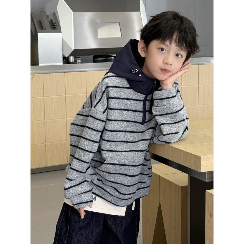 2025秋装韩版儿童长袖上衣条纹休闲宽松男女童连帽卫衣百搭童装