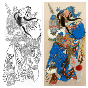 关圣帝君白描底稿工笔画武财神人物线稿关羽打印稿临摹本关公画像
