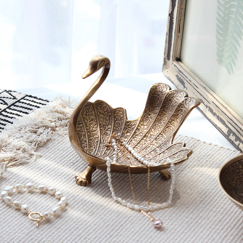 印度进口黄铜果盘天鹅复古手工东南亚雕刻花纹装饰首饰干果零食碗