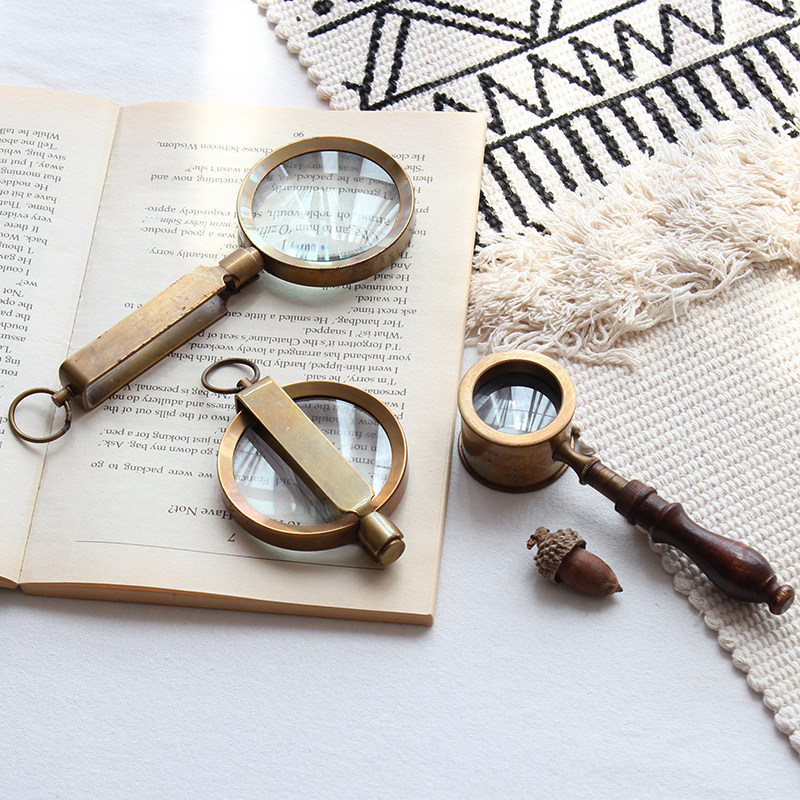 进口黄铜放大镜可折叠小手持个性拍照道具复古做旧风格