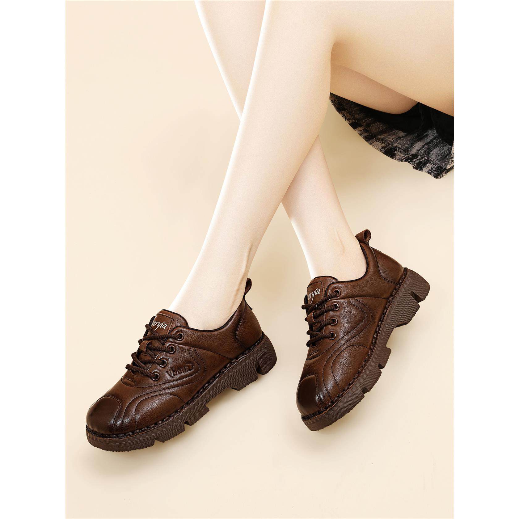 品牌2025新款秋季真皮软底平底女鞋百搭休闲皮鞋女士轻便系带女鞋