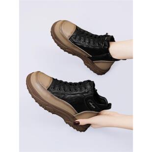 头层牛皮高帮鞋板鞋子女2025新款秋冬加绒春秋短靴厚底休闲马丁靴