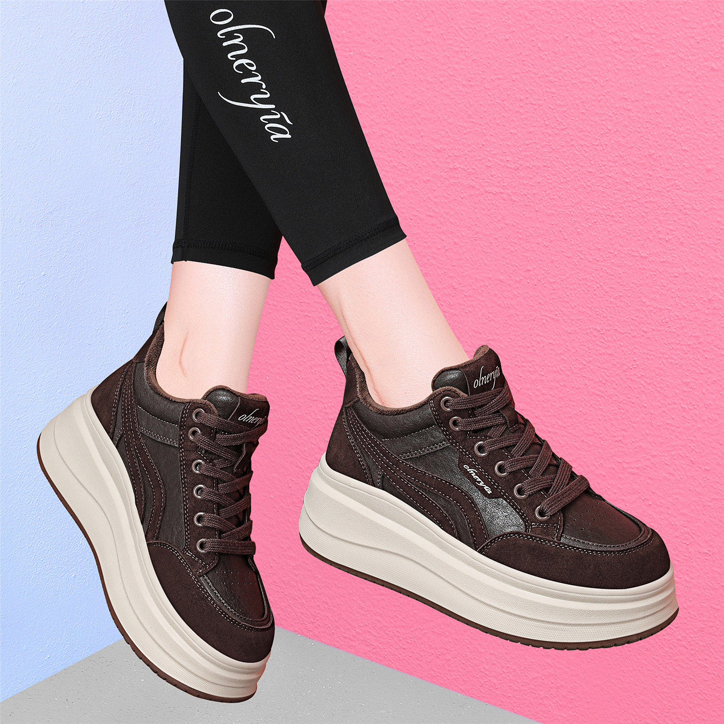 真皮厚底增高德训鞋2025年秋冬季加绒防滑女百搭休闲松糕鞋棕色