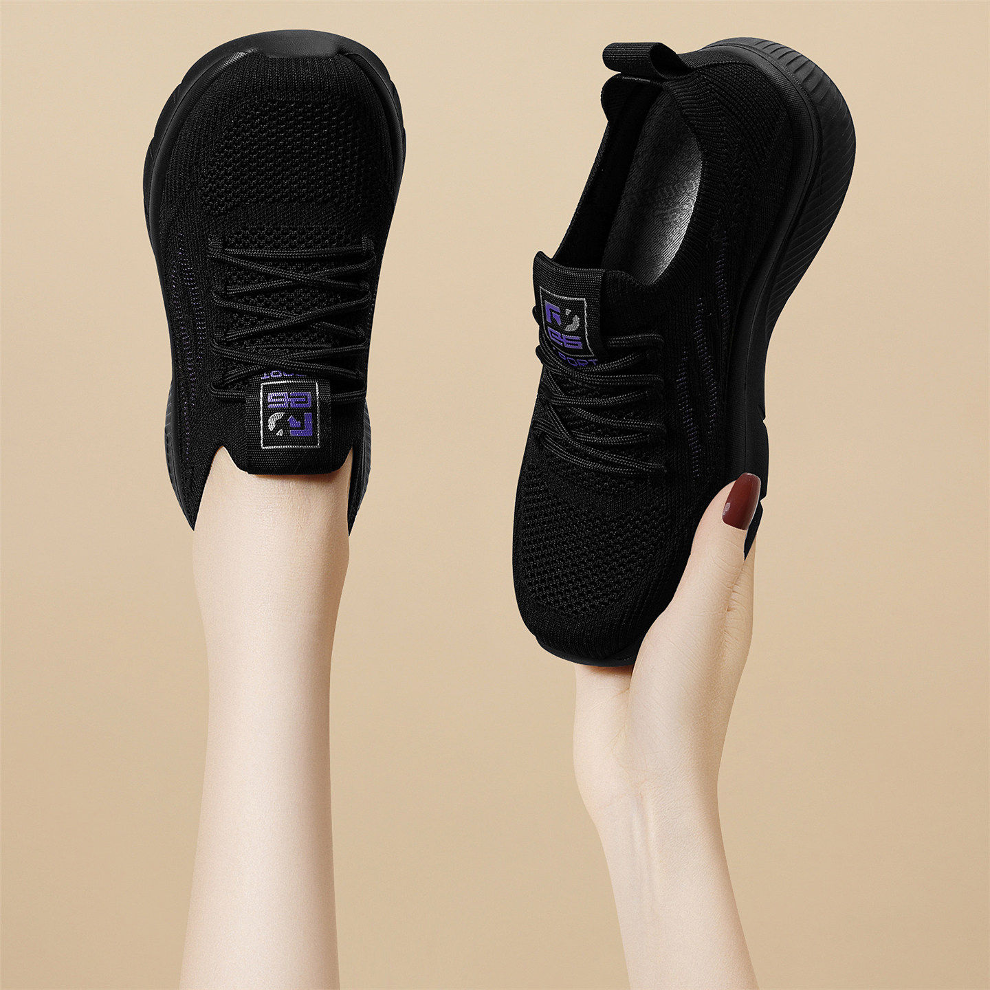 防滑女鞋春季新款一脚蹬懒人鞋子女款轻便软底透气黑色跑步运动鞋