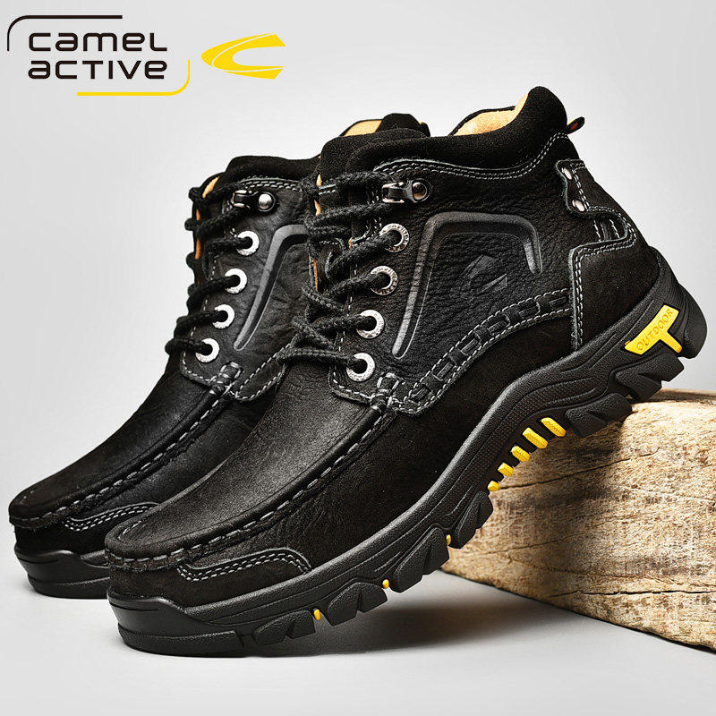 德国骆驼动感冬季头层牛皮加绒保暖高筒皮鞋男真皮户外棉鞋爸爸鞋