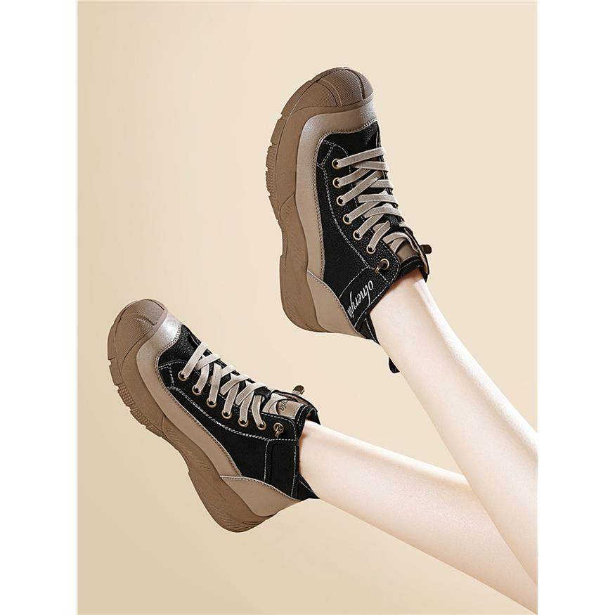 品牌时尚皮面高帮2025年秋冬季新款休闲运动休闲鞋圆头系带女款