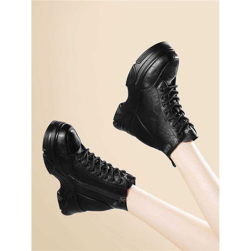 爆款马丁靴2025年秋冬季厚底女靴新款中跟皮鞋加绒内增高黑色短靴