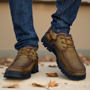 骆驼动感男夏季头层牛皮透气镂空皮鞋洞洞凉鞋软底防滑休闲皮鞋