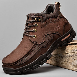 德国骆驼动感棉鞋男加绒保暖加厚户外休闲高筒皮鞋真皮厚底中老年