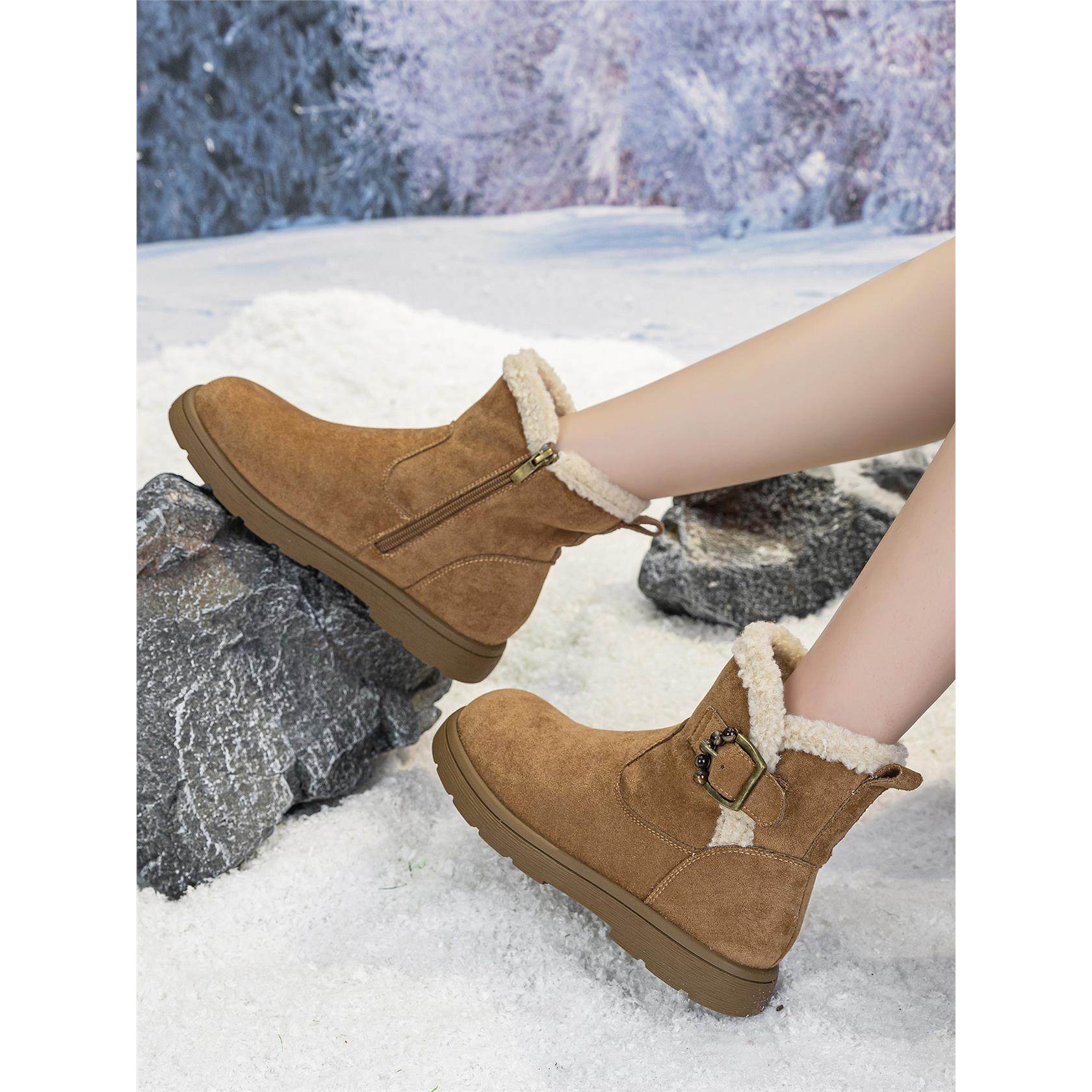 冬季加绒加厚雪地靴女鞋棉短靴2025新款真皮防水防滑英伦风马丁靴