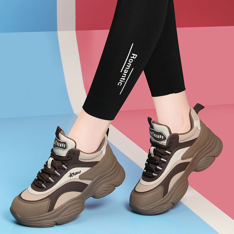 真皮黑色老爹鞋女鞋2025新款秋冬季厚底百搭增高小个子休闲运动鞋