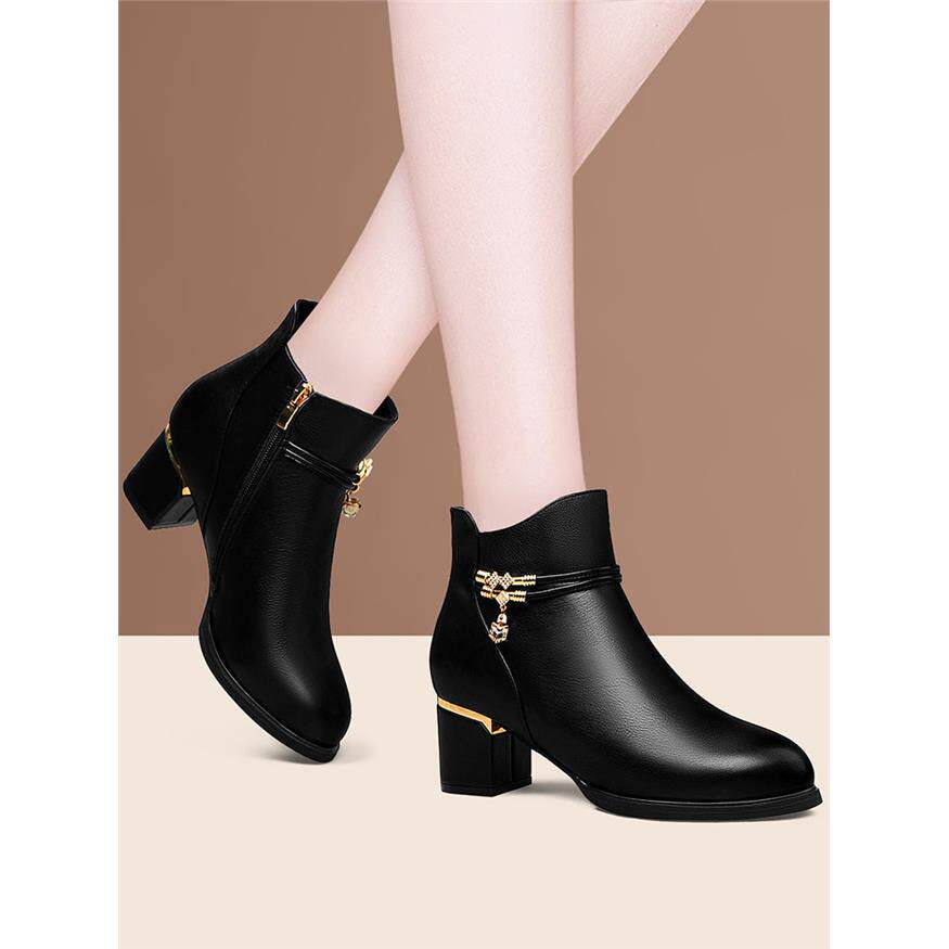 马丁靴女粗跟短靴真皮2025新款春秋冬季气质高跟黑色中跟妈妈皮鞋