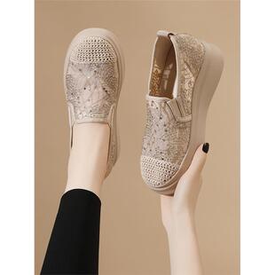 网眼鞋为妇女2025新的夏季透气薄莱茵石黑色滑上女鞋轻量渔夫的鞋